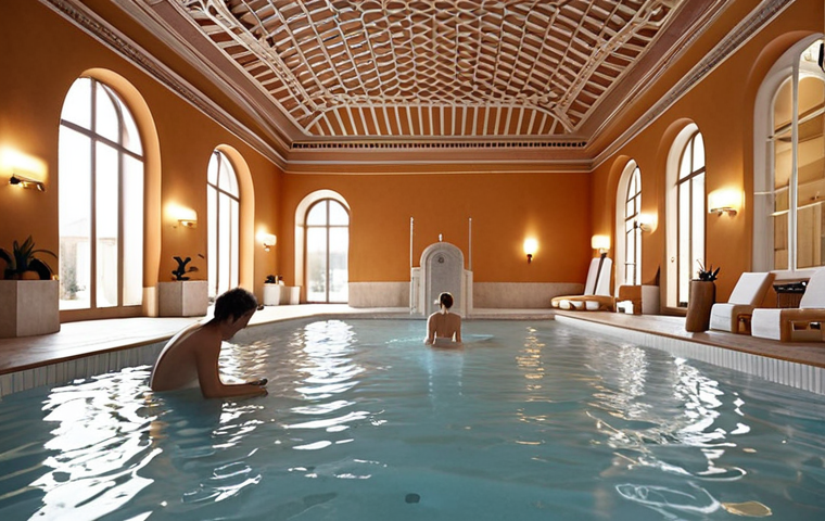 **
A serene thermal spa scene in Dax, France. Focus on the relaxing atmosphere: steaming thermal pools, soft lighting, and elegant architecture. Include people enjoying the waters and spa treatments. The overall mood should be tranquil and inviting, capturing the essence of well-being.
**