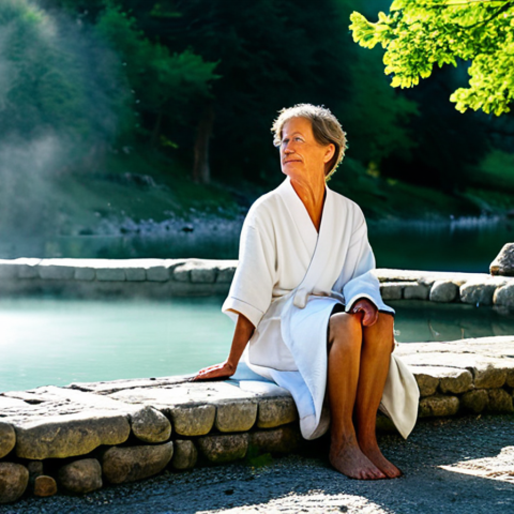 A serene French woman, mature and elegant, fully clothed in a modest, full-length spa robe, sitting comfortably on a stone bench at the edge of a natural outdoor thermal hot spring. Lush, green, mountainous Pyrenean landscape in the background, with gentle steam rising from the clear, mineral-rich water. Sunlight filters through ancient trees. The setting evokes the rustic charm of Les Bains de Dorres. Calm, tranquil, restorative, peaceful. Professional photography, soft natural light, high detail, perfect anatomy, correct proportions, well-formed hands, proper finger count, natural body proportions, safe for work, appropriate content, family-friendly, modest clothing.