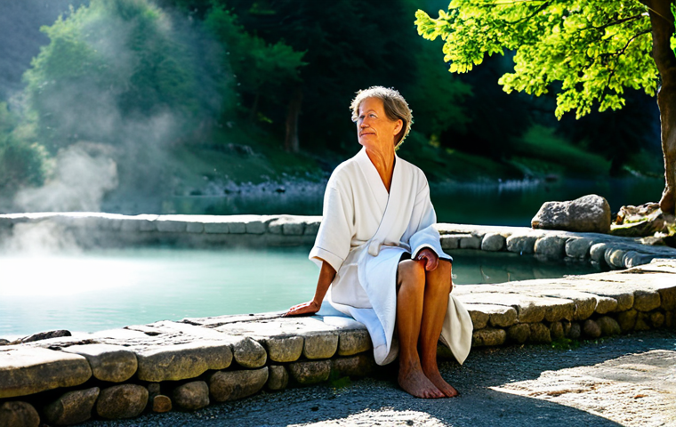 A serene French woman, mature and elegant, fully clothed in a modest, full-length spa robe, sitting comfortably on a stone bench at the edge of a natural outdoor thermal hot spring. Lush, green, mountainous Pyrenean landscape in the background, with gentle steam rising from the clear, mineral-rich water. Sunlight filters through ancient trees. The setting evokes the rustic charm of Les Bains de Dorres. Calm, tranquil, restorative, peaceful. Professional photography, soft natural light, high detail, perfect anatomy, correct proportions, well-formed hands, proper finger count, natural body proportions, safe for work, appropriate content, family-friendly, modest clothing.