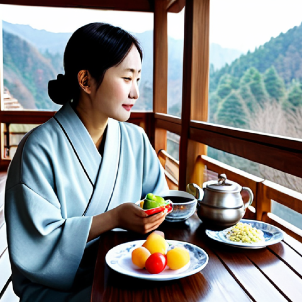 **

"A woman in a comfortable, fully clothed outfit, enjoying a light and healthy meal of fresh fruit and yogurt on a veranda overlooking a tranquil onsen. Appropriate attire, safe for work, perfect anatomy, natural proportions, professional photography, high quality, modest setting. Peaceful, serene atmosphere. Family-friendly."

**