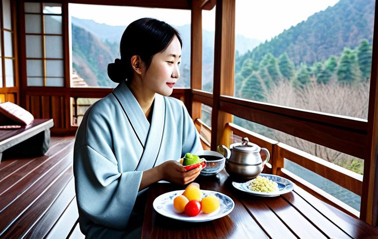 **

"A woman in a comfortable, fully clothed outfit, enjoying a light and healthy meal of fresh fruit and yogurt on a veranda overlooking a tranquil onsen. Appropriate attire, safe for work, perfect anatomy, natural proportions, professional photography, high quality, modest setting. Peaceful, serene atmosphere. Family-friendly."

**