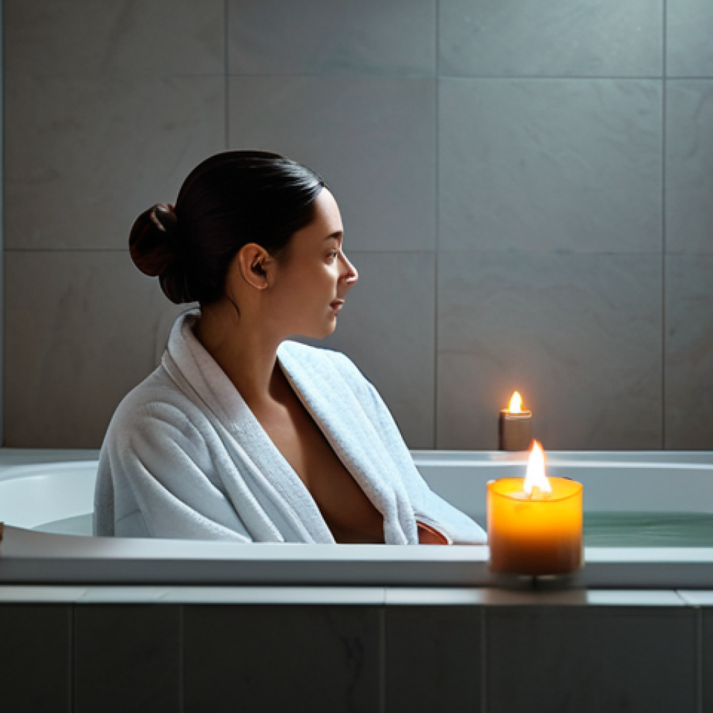 **

"A woman enjoying a warm bath in a modern, minimalist bathroom. The room is softly lit with candles. She is fully clothed in a comfortable, modest bathrobe. Steam rises gently from the water. Safe for work, appropriate content, perfect anatomy, natural proportions, professional, modest setting, high-quality image."

**