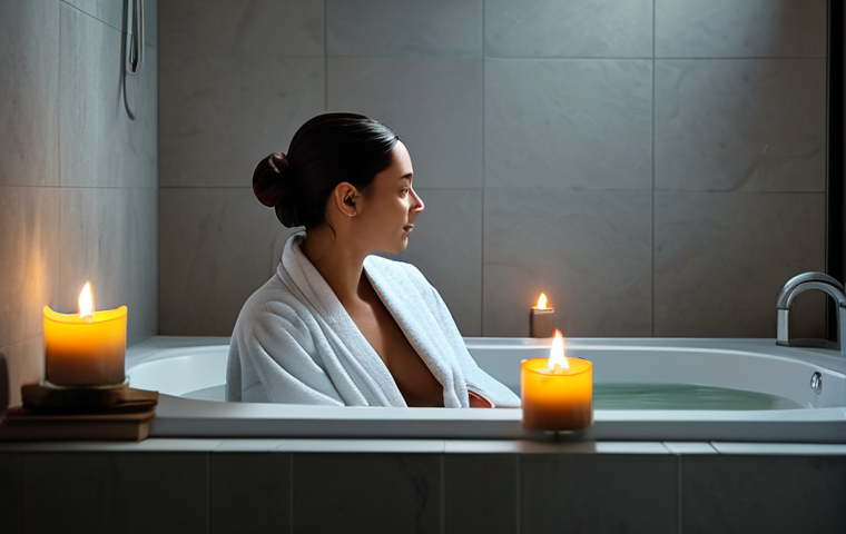 **

"A woman enjoying a warm bath in a modern, minimalist bathroom. The room is softly lit with candles. She is fully clothed in a comfortable, modest bathrobe. Steam rises gently from the water. Safe for work, appropriate content, perfect anatomy, natural proportions, professional, modest setting, high-quality image."

**