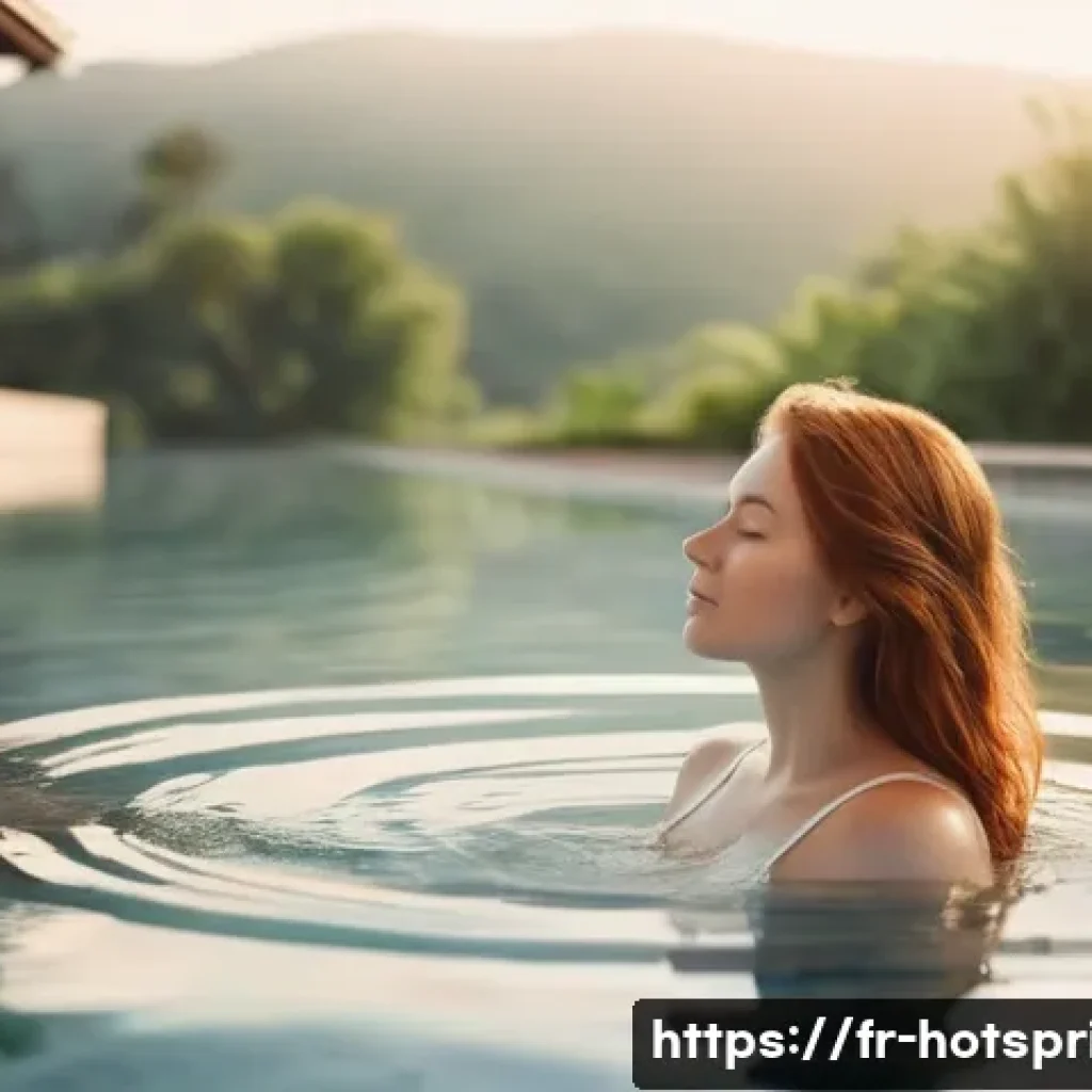 온천에서의 사진 촬영 팁 - **Prompt:** A serene thermal spa scene at golden hour. A young woman with auburn hair, wearing a sim...
