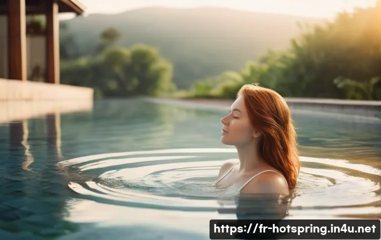 온천에서의 사진 촬영 팁 - **Prompt:** A serene thermal spa scene at golden hour. A young woman with auburn hair, wearing a sim...