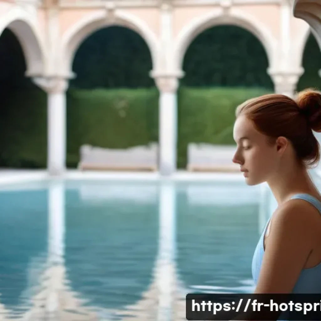 온천과 힐링 음식 - **Image Prompt:** "A serene spa scene in Vichy, France. A young woman with fair skin and auburn hair...