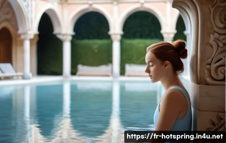 온천과 힐링 음식 - **Image Prompt:** "A serene spa scene in Vichy, France. A young woman with fair skin and auburn hair...
