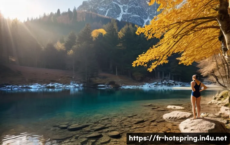 자연 온천 - **A Serene Wild Thermal Oasis in the French Alps:** A solo young woman, mid-20s, with a relaxed expr...