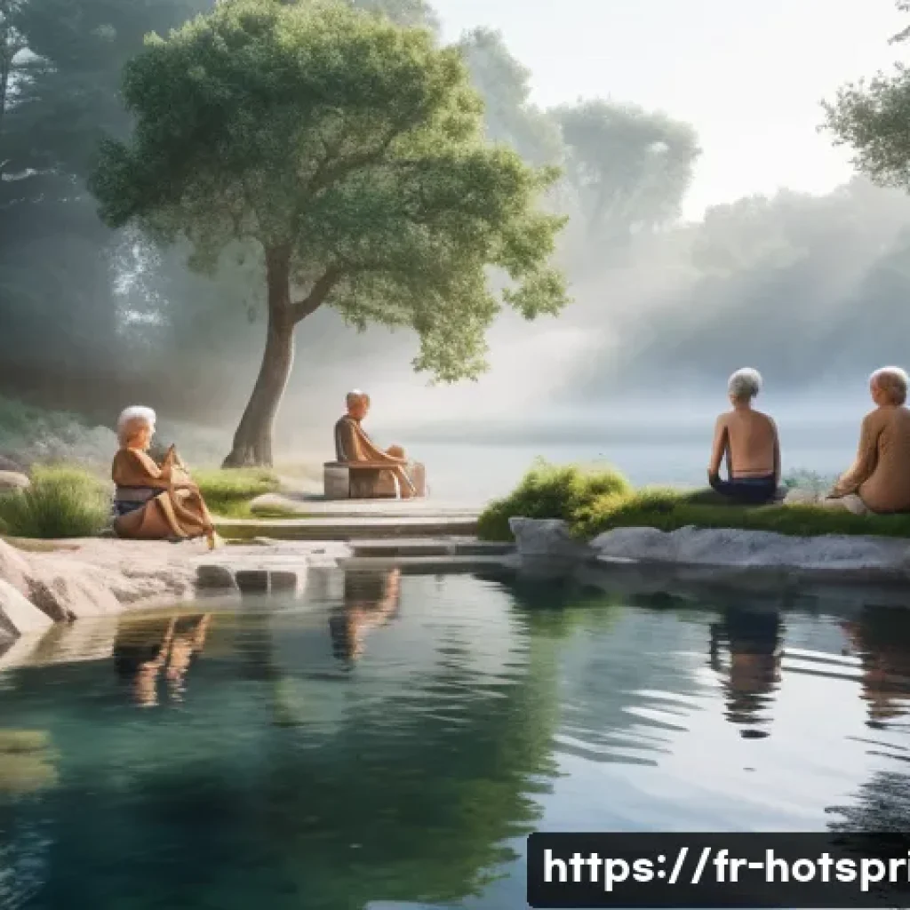 온천과 물놀이 - A serene natural hot spring scene in the French countryside during early morning mist, featuring a d...