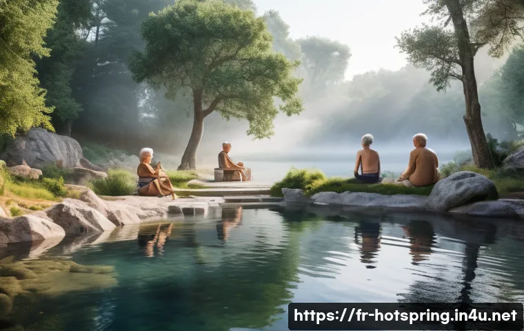 온천과 물놀이 - A serene natural hot spring scene in the French countryside during early morning mist, featuring a d...