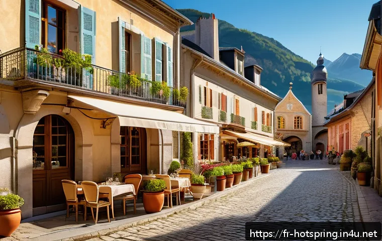 온천 마을 탐험 - A serene French thermal village scene in spring, featuring Belle &Eacute;poque architecture with ornate fac...