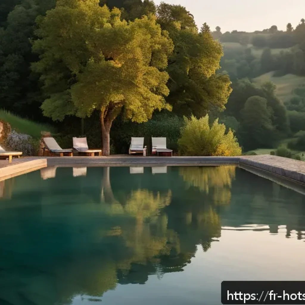 온천과 창조적 사고 - A serene outdoor thermal bath scene at dusk in the French countryside, surrounded by lush green fore...