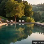 온천과 창조적 사고 - A serene outdoor thermal bath scene at dusk in the French countryside, surrounded by lush green fore...