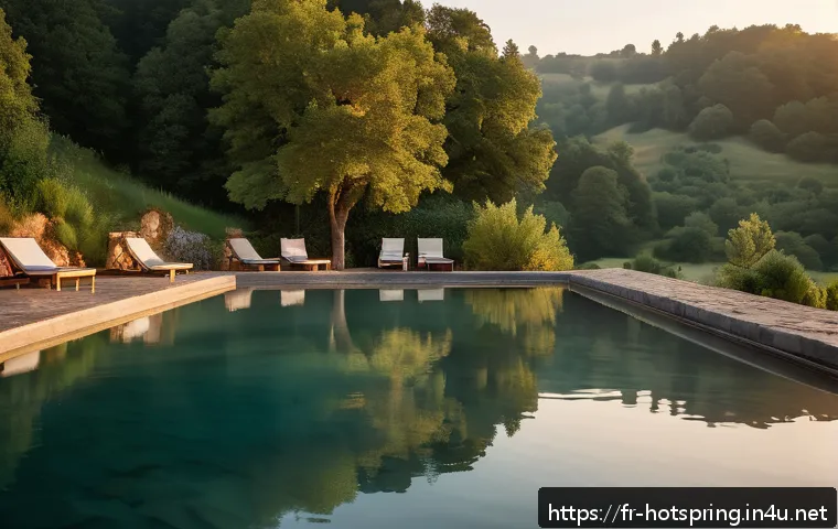 온천과 창조적 사고 - A serene outdoor thermal bath scene at dusk in the French countryside, surrounded by lush green fore...
