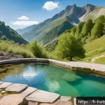 핫스프링 휴양지 - A serene natural hot spring pool nestled in the Pyrenees mountains during springtime, surrounded by ...
