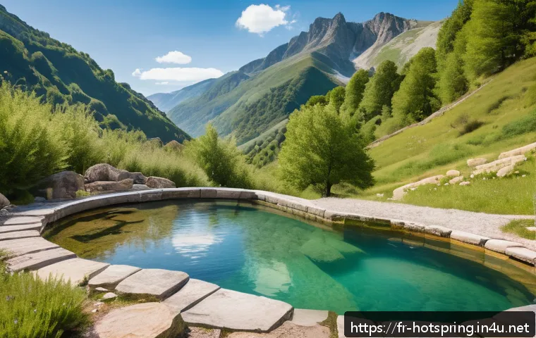 핫스프링 휴양지 - A serene natural hot spring pool nestled in the Pyrenees mountains during springtime, surrounded by ...