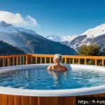 온천 시즌별 여행 팁 - A serene winter thermal spa scene in the French Alps, featuring a middle-aged woman in tasteful, mod...