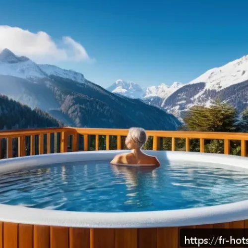 온천 시즌별 여행 팁 - A serene winter thermal spa scene in the French Alps, featuring a middle-aged woman in tasteful, mod...