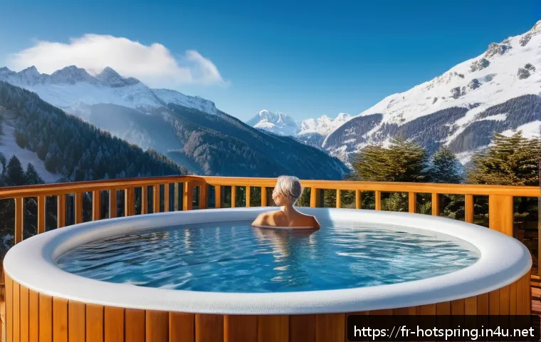 온천 시즌별 여행 팁 - A serene winter thermal spa scene in the French Alps, featuring a middle-aged woman in tasteful, mod...