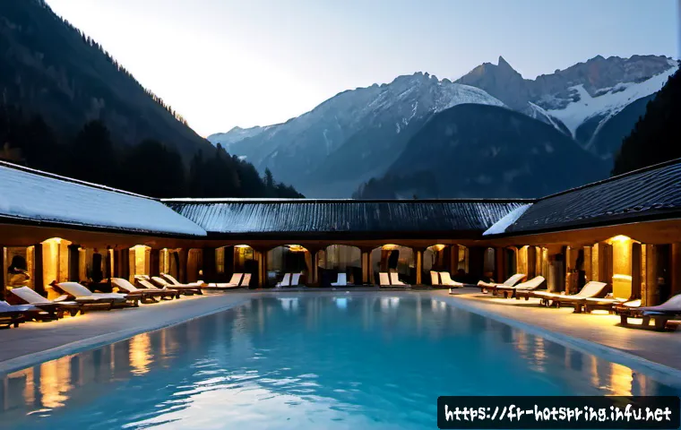 온천 리조트 - Photorealistic French thermal spa resort in the Alps at dawn, steaming outdoor mineral pool surround...