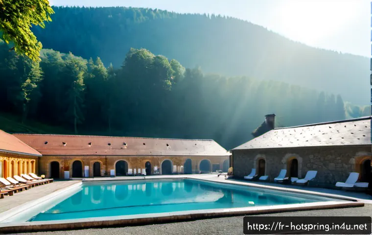 온천과 여행지의 특성 - Photorealistic wide view of a tranquil French thermal spa town in the Auvergne mountains, elegant st...
