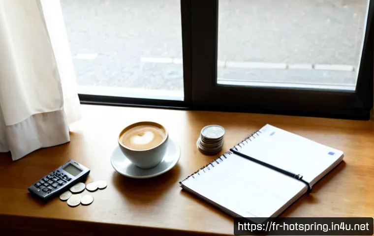 Home 17 온천 여행 경비 - Photorealistic French thermal spa travel budget planning scene, elegant wooden table beside a bright...