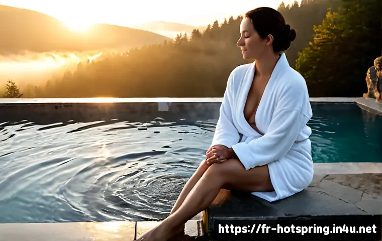 온천과 마음의 치유 - Photorealistic serene French thermal spa in the Auvergne mountains at dawn, a middle-aged woman in a...