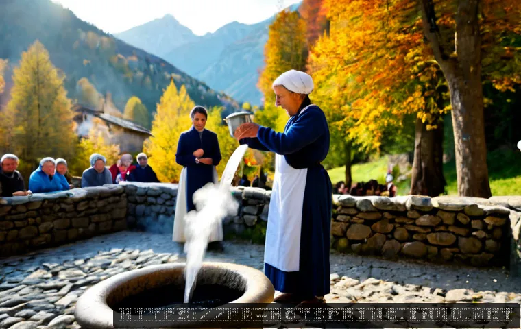 Home 17 온천과 관련된 전통 의식 - Photorealistic traditional thermal spring ceremony in the French Pyrenees, a local elder in modest l...